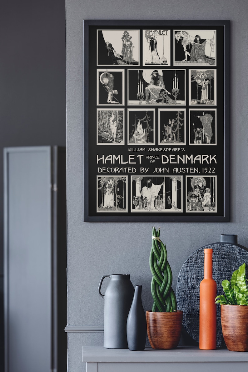 Pode incluir: Um p&ocirc;ster preto e branco com ilustra&ccedil;&otilde;es de cenas de Hamlet, pr&iacute;ncipe da Dinamarca de William Shakespeare. O p&ocirc;ster &eacute; decorado por John Austen, 1922.