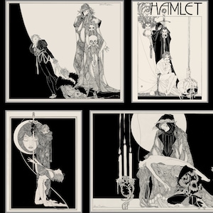 Pode incluir: Quatro ilustra&ccedil;&otilde;es em preto e branco de cenas de Hamlet. A primeira ilustra&ccedil;&atilde;o mostra um homem com uma t&uacute;nica comprida segurando uma caveira. A segunda ilustra&ccedil;&atilde;o mostra um homem e uma mulher em uma cena dram&aacute;tica. A terceira ilustra&ccedil;&atilde;o mostra uma mulher segurando uma espada. A quarta ilustra&ccedil;&atilde;o mostra uma mulher segurando uma mulher morta.