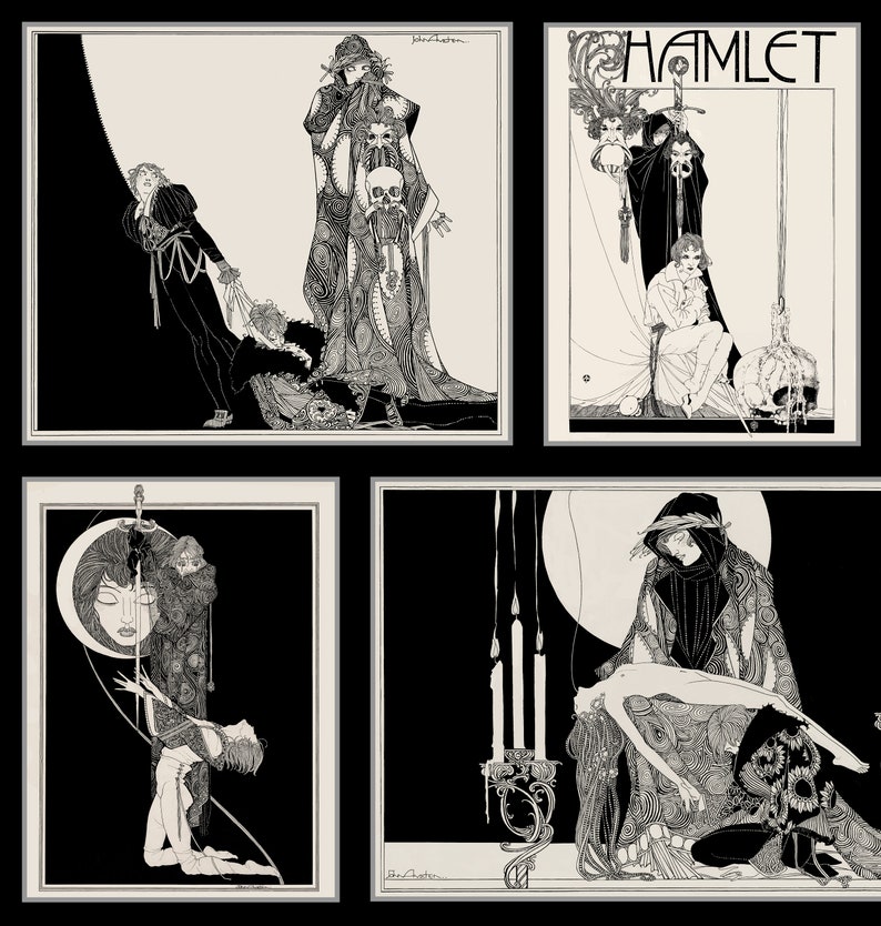 Pode incluir: Quatro ilustra&ccedil;&otilde;es em preto e branco de cenas de Hamlet. A primeira ilustra&ccedil;&atilde;o mostra um homem com uma t&uacute;nica comprida segurando uma caveira. A segunda ilustra&ccedil;&atilde;o mostra um homem e uma mulher em uma cena dram&aacute;tica. A terceira ilustra&ccedil;&atilde;o mostra uma mulher segurando uma espada. A quarta ilustra&ccedil;&atilde;o mostra uma mulher segurando uma mulher morta.