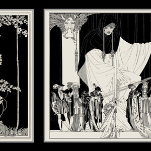 Pode incluir: Duas ilustra&ccedil;&otilde;es em preto e branco. A primeira mostra uma mulher com um vestido comprido de p&eacute; em uma floresta. A segunda mostra uma mulher com uma t&uacute;nica comprida de p&eacute; em uma sala com outras pessoas.