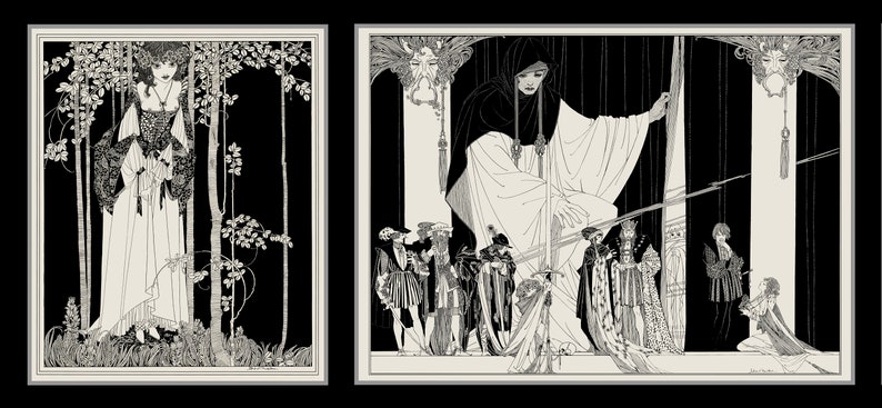 Pode incluir: Duas ilustra&ccedil;&otilde;es em preto e branco. A primeira mostra uma mulher com um vestido comprido de p&eacute; em uma floresta. A segunda mostra uma mulher com uma t&uacute;nica comprida de p&eacute; em uma sala com outras pessoas.