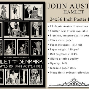Pode incluir: Um p&ocirc;ster em preto e branco das ilustra&ccedil;&otilde;es de John Austen para Hamlet de William Shakespeare. O p&ocirc;ster mede 61 cm por 91 cm e apresenta 13 ilustra&ccedil;&otilde;es cl&aacute;ssicas de Austen. O p&ocirc;ster &eacute; impresso em papel fosco espesso com papel japon&ecirc;s. O p&ocirc;ster tamb&eacute;m est&aacute; dispon&iacute;vel em um tamanho menor, 30 cm por 46 cm.