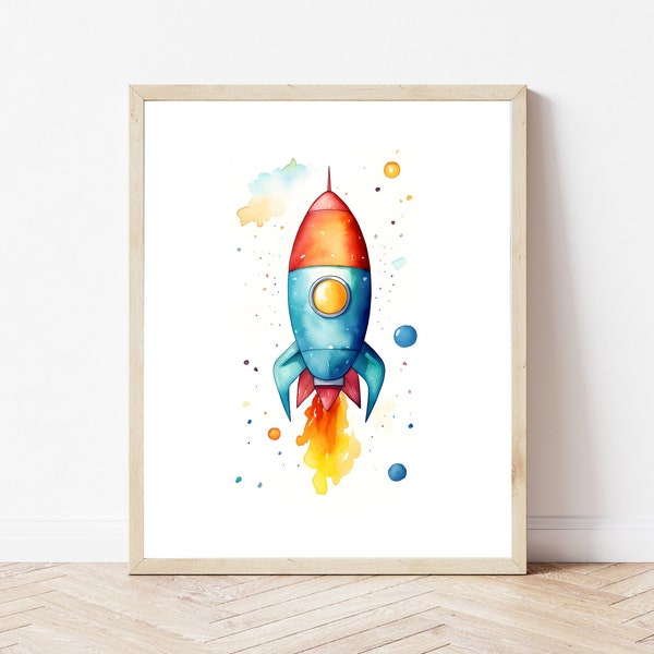 Blue Rocket Ship Print, Space Print, Outer Space Poster, Kids Room Decor, Watercolor Art, Nursery Wall Art, Playroom Decor, Printable Art