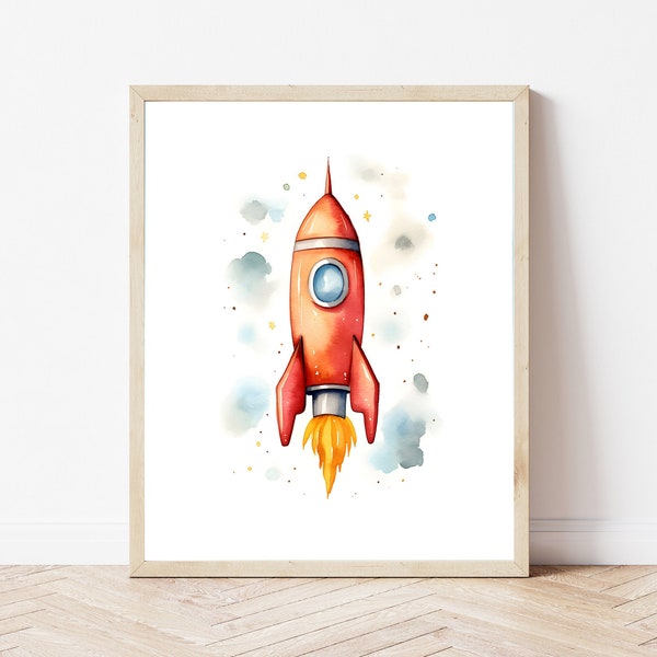 Red Rocket Ship Print, Space Print, Outer Space Poster, Kids Room Decor, Watercolor Art, Nursery Wall Art, Playroom Decor, Printable Art