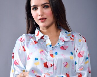 Satin base cup cake print shirt for woman, shirts for girls, satin dress,