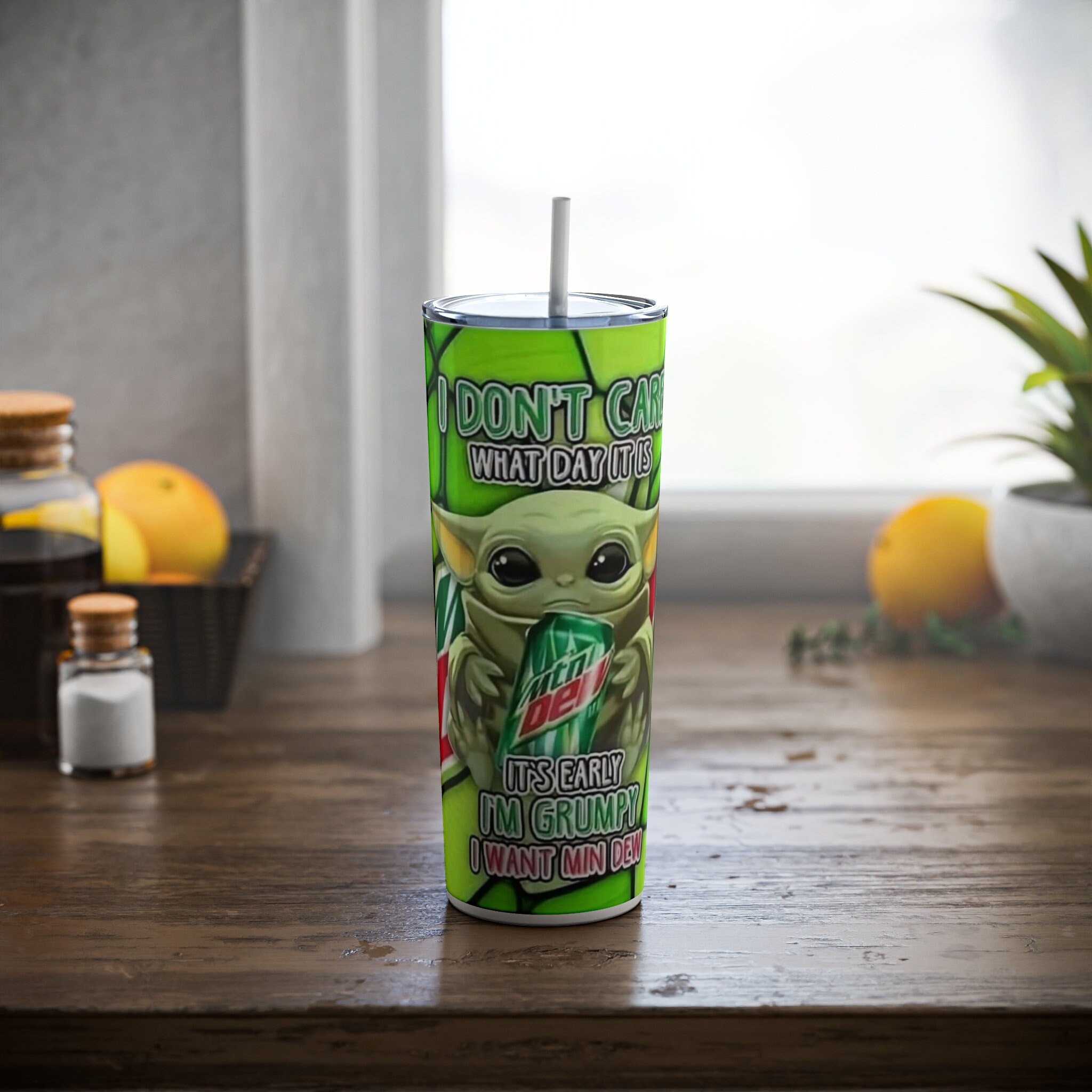Baby Yoda Saying Its Early, I'm Grumpy I Want A Mountain Dew Green Color Background 20oz