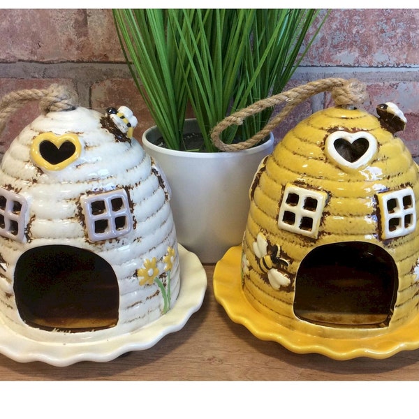 Village Pottery Hand Crafted Beehive Dome Bird Feeders Hand Painted - available in Yellow or Cream