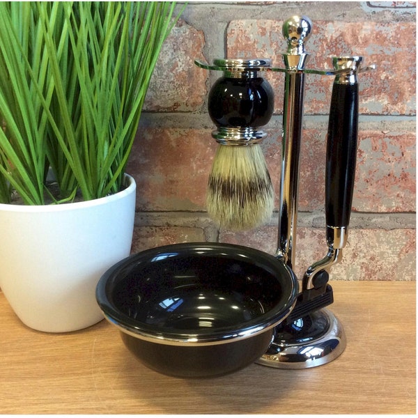 Artamis Black Shaving Set With Shaving Brush, Razor, Bowl and Stand in Chrome  Boxed