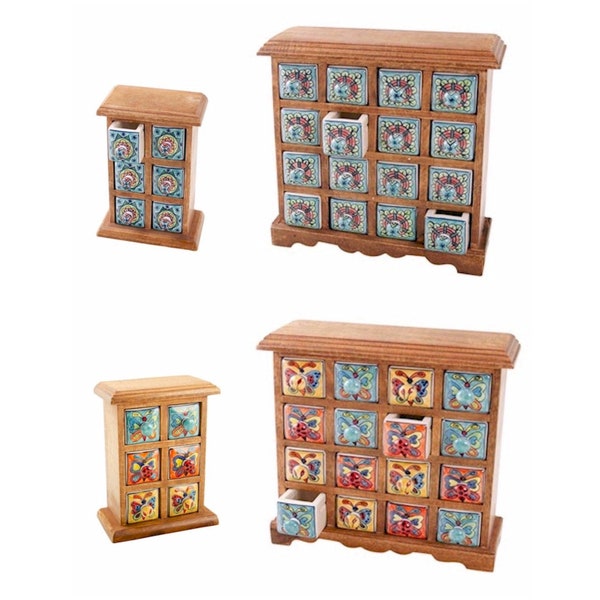 Handcrafted Mango Wood and Ceramic Storage Boxes/ Chests in either Six or Sixteen Drawers in Blue or Butterfly Design