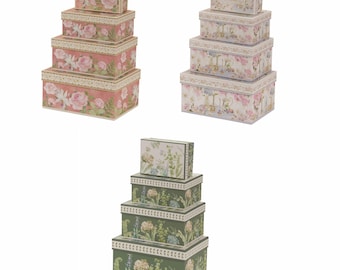 Set of Four Small Cardboard Storage Boxes - available in Green Floral / Floral Teatime or Pink Roses