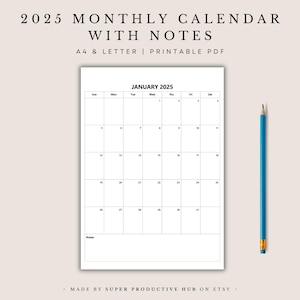 2025 Vertical Monthly Calendar with Notes | Minimalist Printable Planner | Printable Calendar Template PDF | Monday/Sunday Start | A4,Letter
