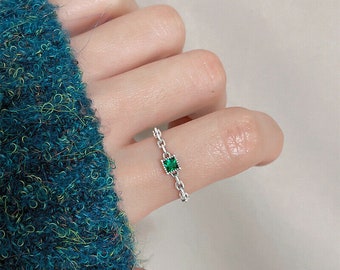 New Vintage 925 Sterling Silver Emerald Chain Adjustable Ring Women's Girls Gifts Accessories