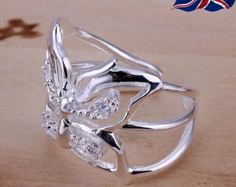 925 Sterling Silver plated Ring Adjustable Thumb Finger Butterfly Band