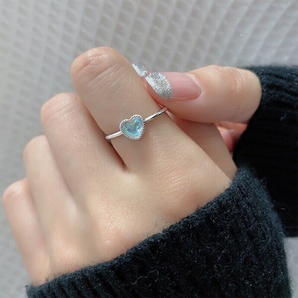 Beautiful Heart Moonstone Adjustable Ring 925 Sterling Silver Women Girls Gift