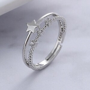 Vintage 925 Sterling Silver Star Crystals Cute Adjustable Ring Women's Girls Gifts