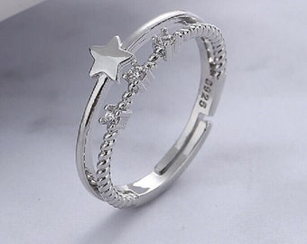 Vintage 925 Sterling Silver Star Crystals Cute Adjustable Ring Women's Girls Gifts