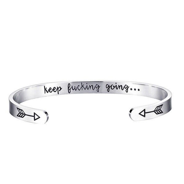 Silver Bangle Bracelet Open Cuff Bangle Ins Letter Engraved Keep Fucking Going