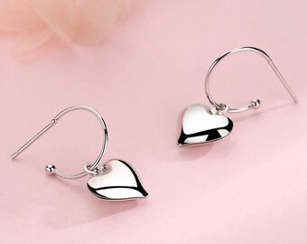 Beautiful Heart Hoop Drop Earrings 925 Sterling Silver Women Girls Jewellery