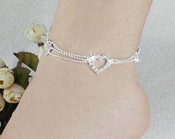 Women Girl Crystal Sterling Silver Bead Heart Anklets Ankle Bracelet Foot Chain