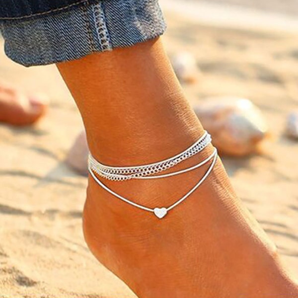 New Women's Silver Heart Ankle Bracelet Multi Layer Anklet Adjustable Chain Beach