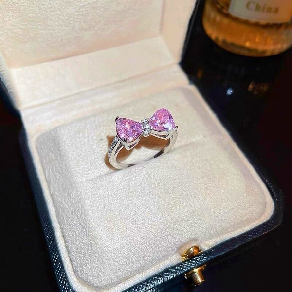 Pink Bow Adjustable Ring 925 Sterling Silver Women's Girl Jewelry Love Gift