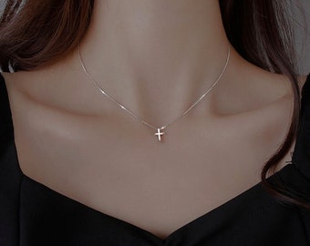 New women Tiny Cross Pendant 925 Sterling Silver Chain Necklace