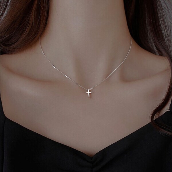Neue Frauen Tiny Cross Anhänger 925 Sterling Silber Kette Halskette