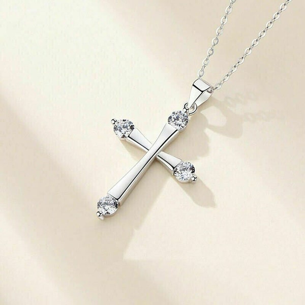 Crystal Cross Pendant Chain Necklace 925 Sterling Silver Jewelry