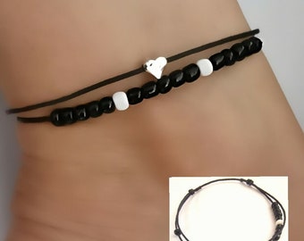 Black White Ankle Bracelet/Anklet Seed Beads silver Heart