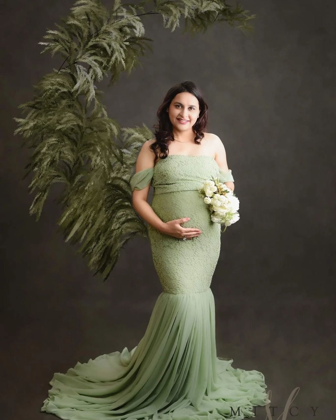 green emerald velvet dress Sage Lace Mesh Overlay Maternity Maxi Dress – PinkBlush main image 0