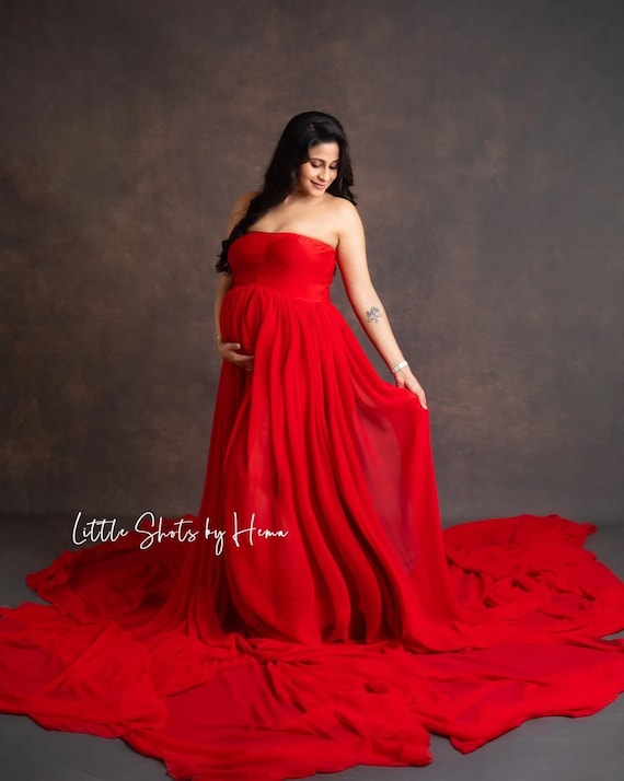 Red Maternity Gown with Tube neckline & Detachable Sleeves