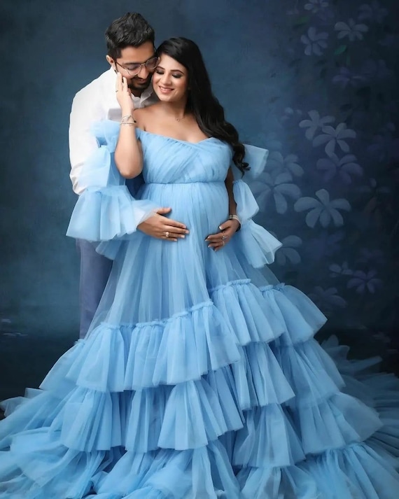flowy blue maternity dress Light Blue Ruched Mesh Foldover Off Shoulder Maternity Maxi Dress –  PinkBlush