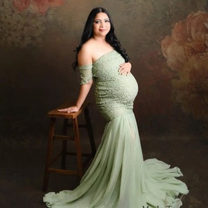 Sage Green Maternity Gown with Lace Top