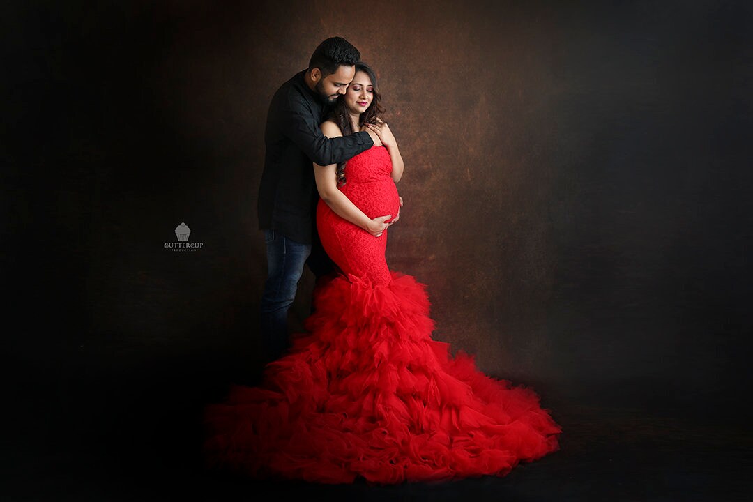 Red Maternity Gown with Lace Top