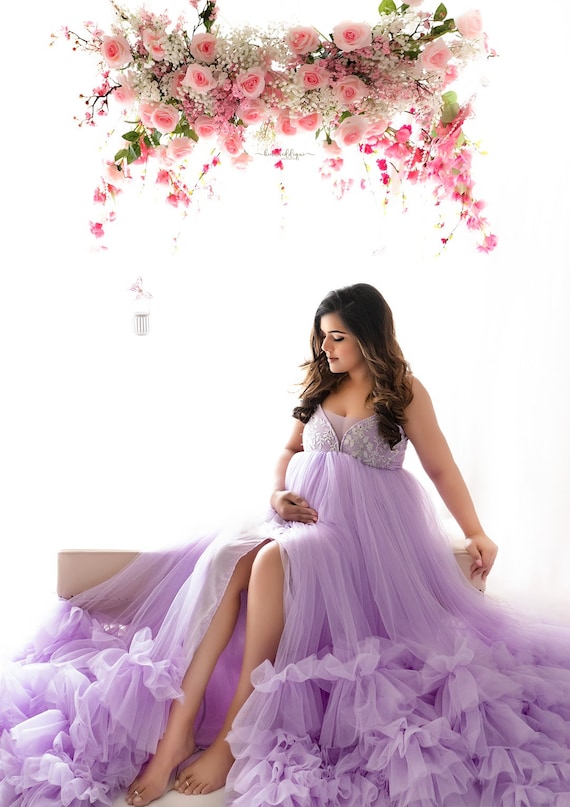 Lavender Maternity Gown with Embroidered Top