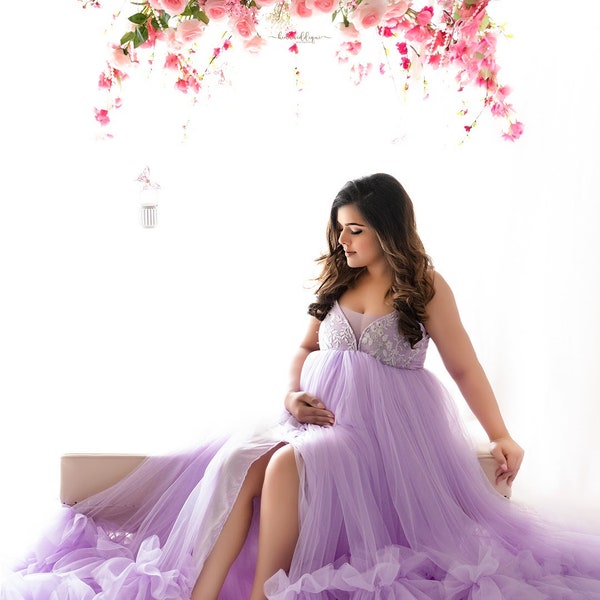 Lavender Maternity Gown with Embroidered Top