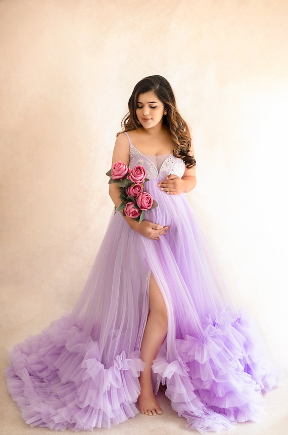 lavender purple maternity dress Lavender Maternity Gown With Embroidered Top