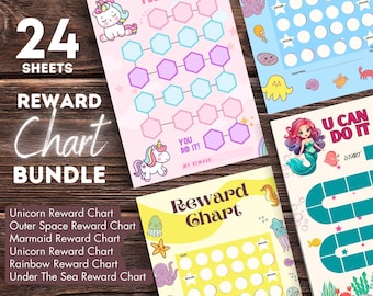 May include: A set of 24 printable reward charts featuring different themes, including unicorns, outer space, mermaids, rainbows, and under the sea. The charts are designed to help children learn and grow.  The text on the charts reads "You Did It! My Reward" and "U Can Do It! Start".