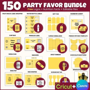 May include: A collection of 150 printable party favor templates for various occasions. The templates include designs for chip bags, cereal boxes, soda cans, ring pops, candy wrappers, water bottle labels, gift tags, and more. The templates are editable and can be customized with your own designs.