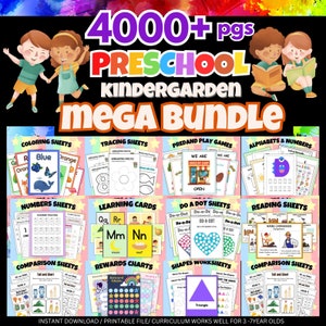 4000+ Preschool Pre-K + Kindergarten Learning Bundle, Activity Worksheets, Alphabet, Numbers, Shapes, Colors, Coloring pages, Do a Dot