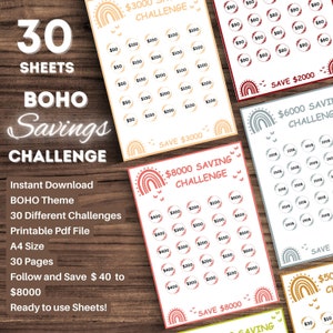 30 Bohu Savings Challenge Printable, Mini Saving Charts, Saving Games, Yearly Saving Template, Budget Planner, Digital download, Save Dollar