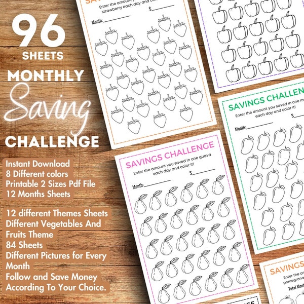 96 Saving Challenges Printable, Digital 12 Month savings challenges, Mini Saving Charts, Fruit and Vegetable Color sheets, Budget Planner