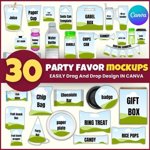 Pacchetto di 30 mockup per bomboniere, pacchetto di mockup per bomboniere, barretta di cioccolato, etichetta per bottiglia d'acqua, bustina di succo, sacchetto di patatine, mockup fai da te con cornice Canva