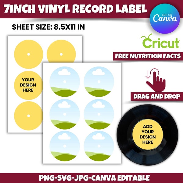 7 inches Vinyl Record label BLANK template, DIY, Canva, Cricut, Silhouette Studio, svg, png, pdf, Nutrition Facts, Logos, instant download