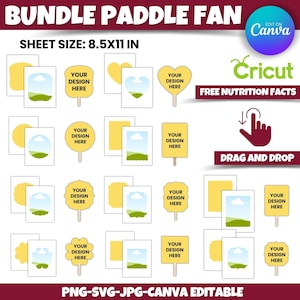 Puede incluir: Un conjunto de 12 plantillas de abanico de paleta imprimibles, cada una con una forma y un diseño diferentes. Las plantillas miden 21,6 cm por 27,9 cm y son editables en Canva. El texto de la imagen dice "Bundle Paddle Fan", "Sheet Size: 8.5x11 in", "Your Design Here", "Free Nutrition Facts", "Drag and Drop", y "PNG-SVG-JPG-Canva Editable".
