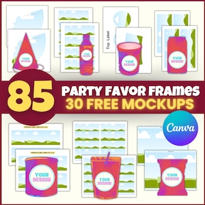80+ Party Favor Templates with Free Mockups, Template Bundle, Party Favors Mockups, Chip Bag Template, Water Bottle Labels, Canva Frames