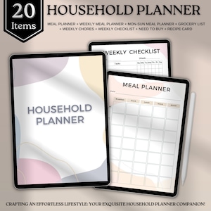 Op de afbeelding: Een digitale planner met 20 items, waaronder een maaltijdplanner, een wekelijkse maaltijdplanner, een boodschappenlijstje, wekelijkse klusjes, een wekelijkse checklist, een boodschappenlijstje en een receptenboek. De planner heeft een lichtroze, beige en grijs abstract ontwerp.