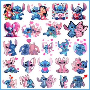 May include: A collection of 25 colorful cartoon stickers featuring Stitch and Angel from the Disney movie Lilo & Stitch. The stickers feature the characters in various poses, including hugging, holding hearts, and wearing flowers. The stickers are perfect for adding a touch of Disney magic to your crafts, journals, and more.