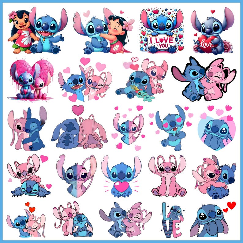 May include: A collection of 25 colorful cartoon stickers featuring Stitch and Angel from the Disney movie Lilo & Stitch. The stickers feature the characters in various poses, including hugging, holding hearts, and wearing flowers. The stickers are perfect for adding a touch of Disney magic to your crafts, journals, and more.