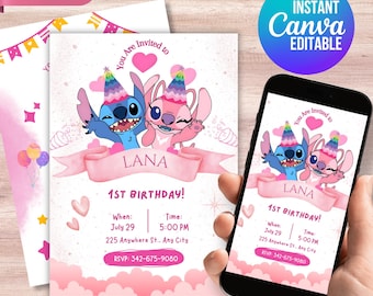 Stitch and Angel Geburtstagseinladung: Bearbeitbare Canva-Vorlage (Digitaler Download)